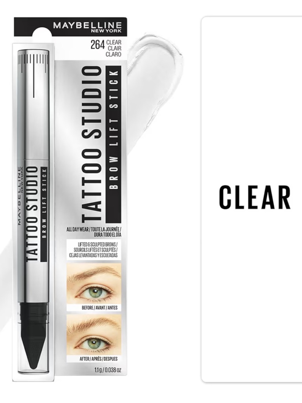 New! Maybelline TattooStudio Brow Lift Stick with Wax Conditioning Complex Clear